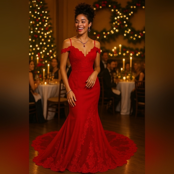 boutiques Dresses & Skirts - Glam Holiday Red 14 Formal Antique Lace Embroidered Floral Castle Gown New